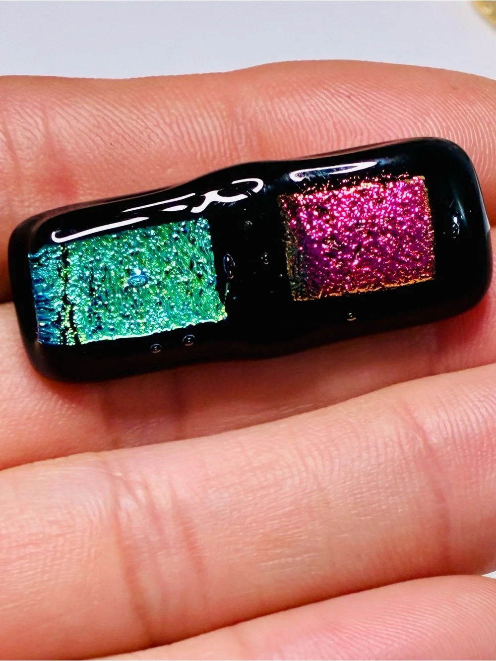 VTG Handmade Dichroic Glass Cabochon - Pink & Teal Rectangle Bar Brooch EUC